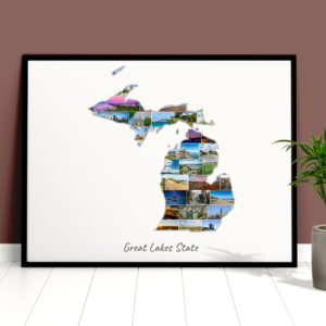 Customized Michigan Photo Map Collage with Caption Greate Lakes State in a frame